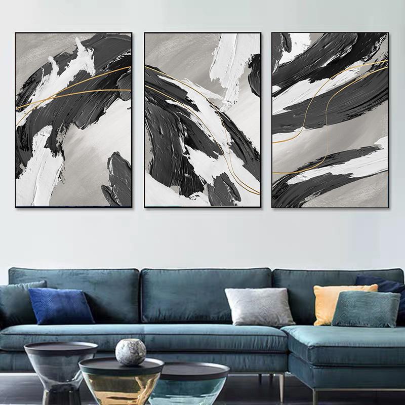 Abstract Black Gold Brush Oil Painting Printed On Canvas Gold Line Posters and Prints for Living Room Home Decoration Cuadros