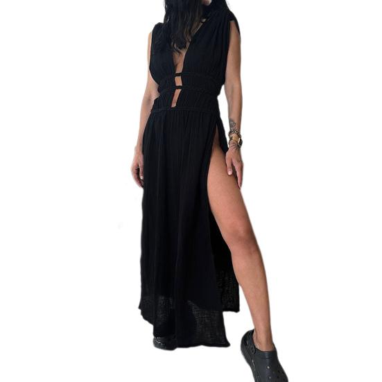 Летнее длинное платье с глубоким V-образным вырезом, без рукавов, на шнуровке, с поясом на талии, ажурное в богемном стиле, плиссированное, с разрезом, пляжное платье макси для отпуска