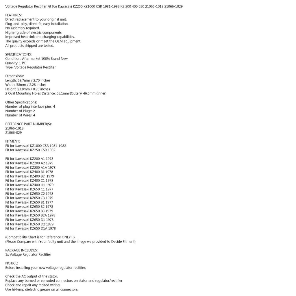 Регулятор напряжения подходит для Kawasaki KZ200 KZ250 KZ400 KZ650 KZ1000 21066-029