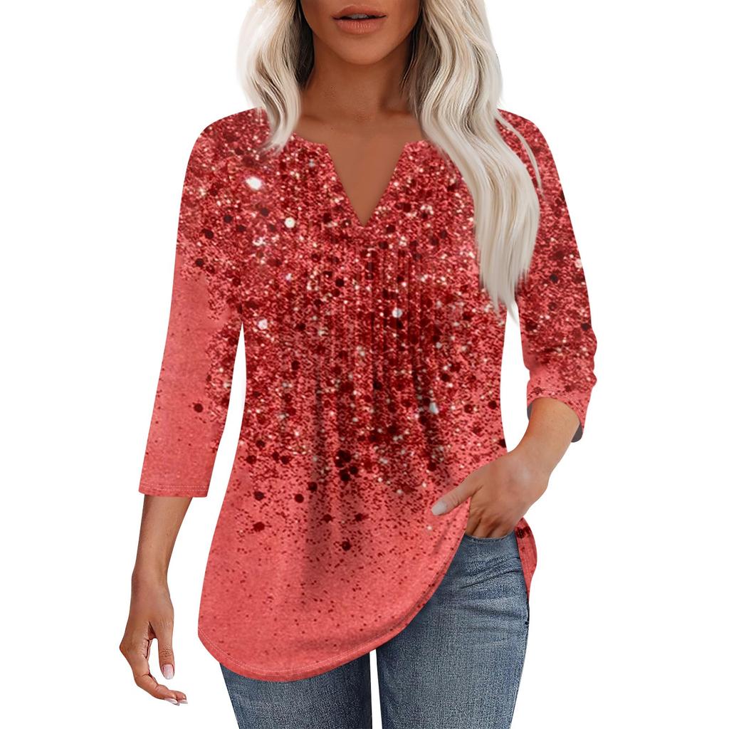 Women's Fashionable Casual Pleated V Neck Solid Color Seven Quarter Sleeve T-shirt Top