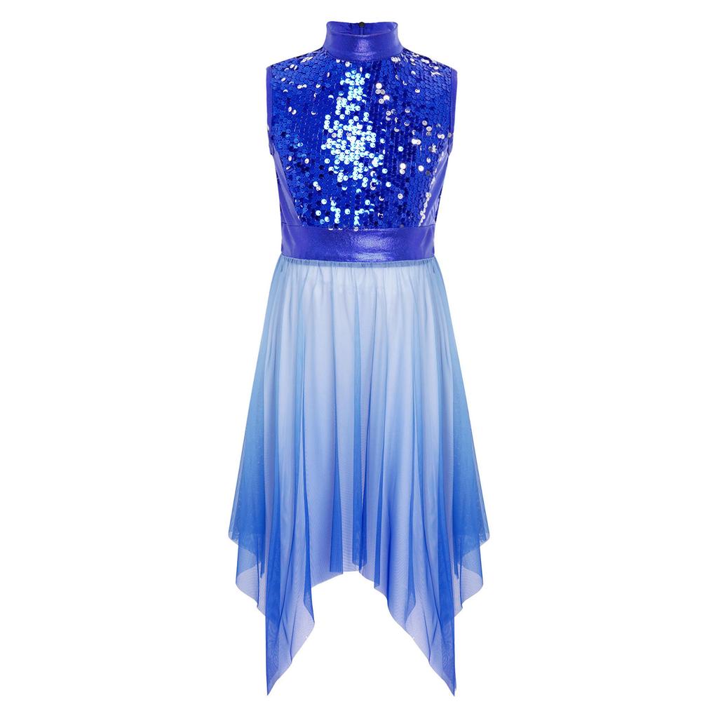Girls Worship Praise Dance Tunic Dresses Mock Neck Sleeveless Asymmetrical Hem Shiny Sequins Bodice Dress Contemporary Dancewear