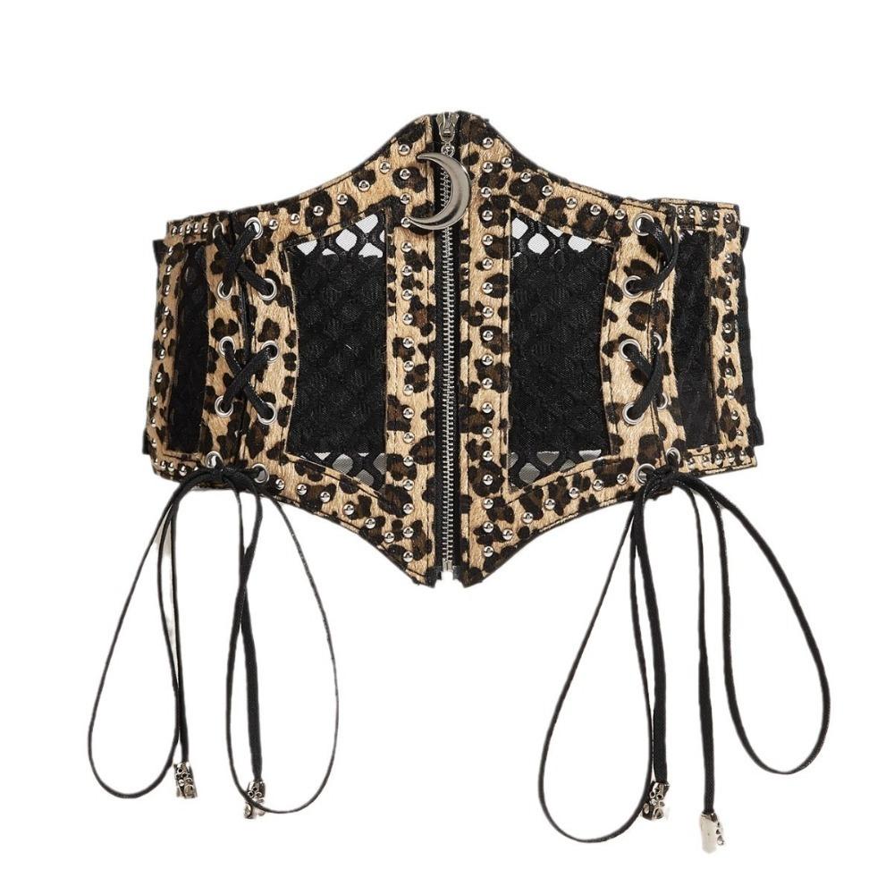 Leopard Print Cummerbund Moon Zipper Pendant Waistband Retro Wide Waist Belt Party Accessory
