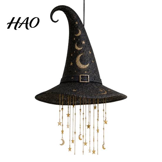 Outdoor Festive Hanging Stars Light Up Witch Hat Lamp, Glowing Halloween Ornament with Twinkling Magical Atmosphere Prop Moon, Indoor Porch