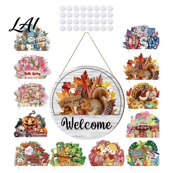 Personalized Welcome Sign for Front Entrance Interchangeable Sign Seasonal Magnetic/Insert Icon Hanger Rustic Door Decor with Magnetic Icons