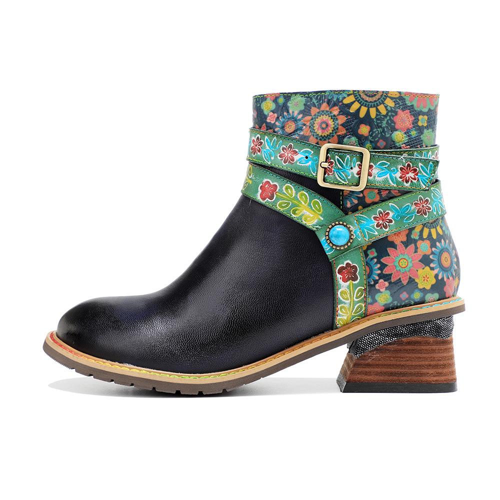 Johnature Обувь в стиле ретро из натуральной кожи. Женские ботинки с круглым носком. Лаконичные ботильоны ручной работы на платформе в стиле пэчворк.