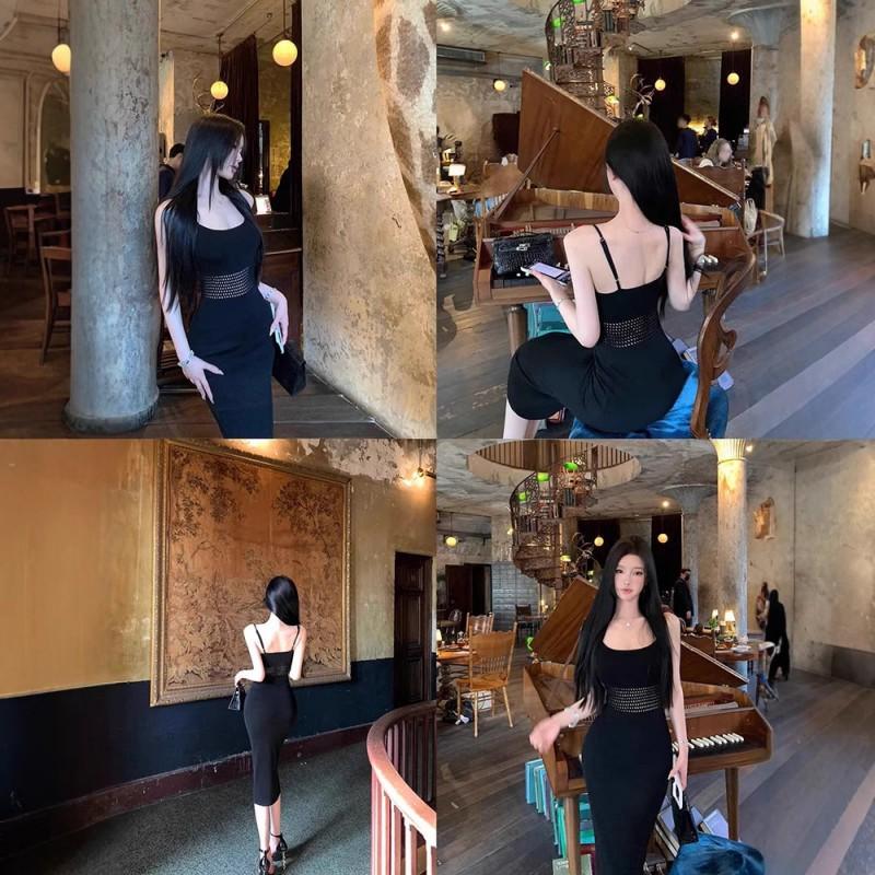 Elegant Knit Slip Dress With Hollow Texture High Waist Bodycon Midi Women 2025