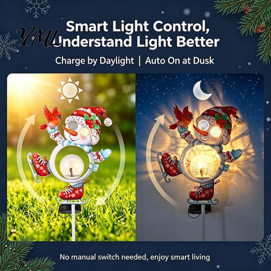 Automatic Solar Powered Lights Christmas Snowman Bird Garden Light, Waterproof Outdoor Stake Lamp with Crackle Glass Holiday Yard Art Ball, Warm White