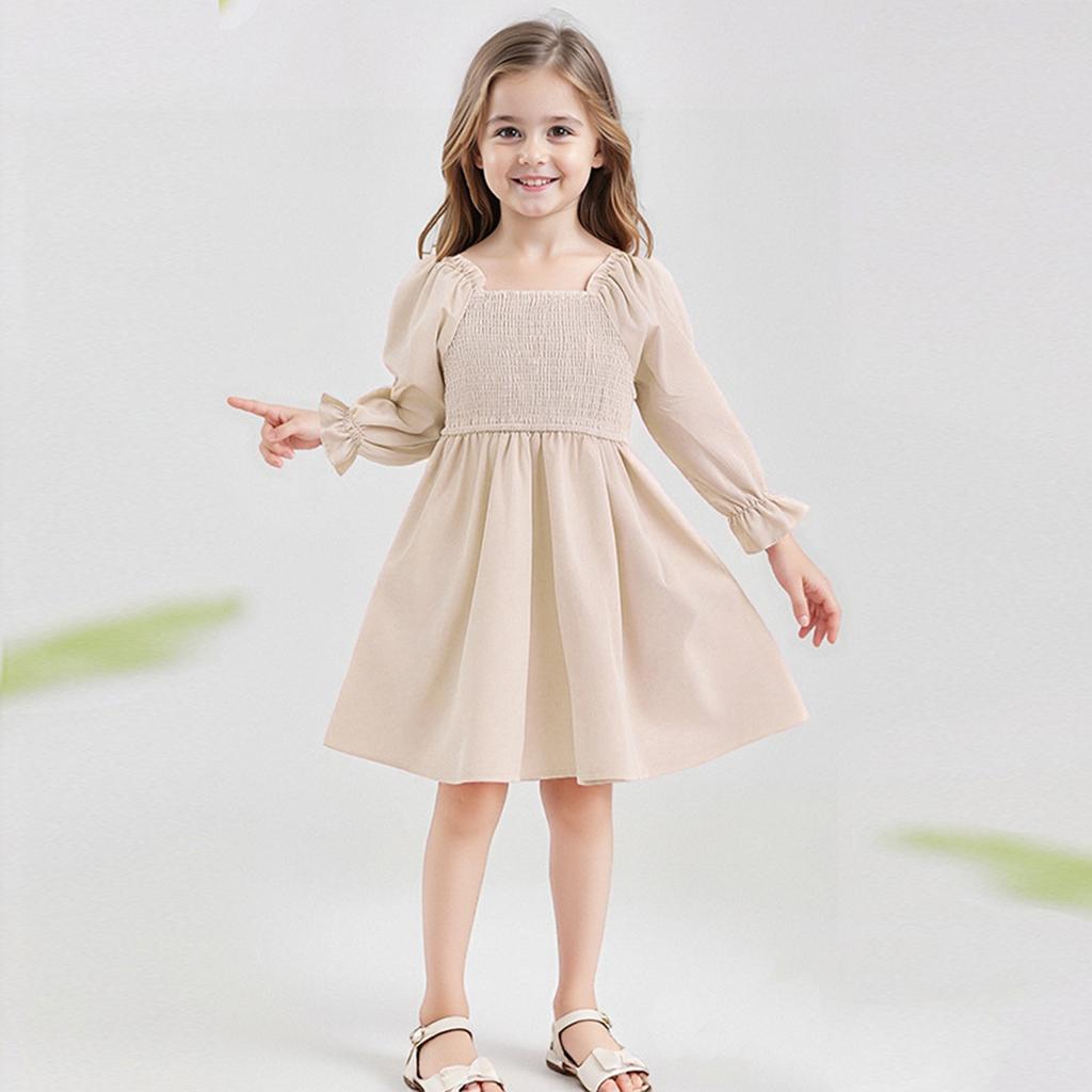 Девичье модное милое однотонное платье с квадратным вырезом, рукавами-рюшами, завышенной талией, кружевной отделкой и полной юбкой