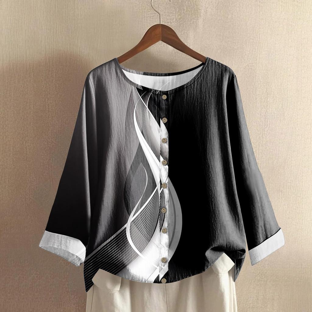 Женский повседневный топ с длинным рукавом и круглым вырезом из хлопка и льна с геометрическим принтом в стиле ретро