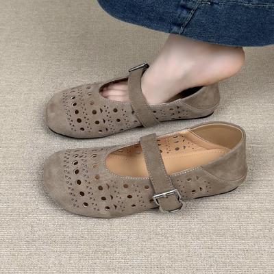 Версия из овчины~ Корейская версия туфель с круглым носком и полым отверстием на плоской подошве с ремешком Мэри Джейн женские туфли весна-лето 2025