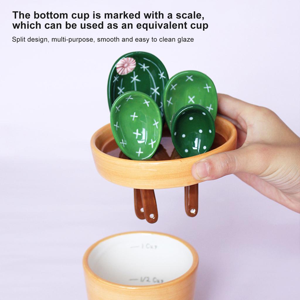 Cartoon Cactus Measuring Spoons Set Lead-free Earthenware Ceramic for Kitchen Home Ornaments