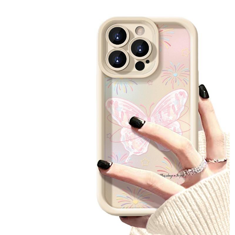 Pink butterfly Phone case iPhone 15 Pro Max 11 12 13 16 14 Plus Silicone Shockproof Case Lens protector shell