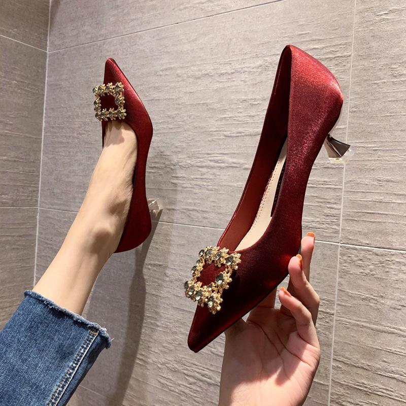 Fashion Black High-heeled Shoes Professional Women Pointed Medium Thin Heel 5cm Rhinestone Single Shoes Summer Versatile Wedding Shoes