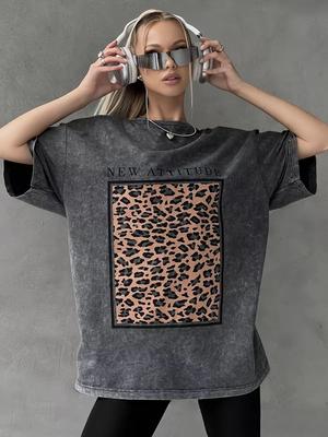 Футболка из хлопка стираная для женщин Attitude Fashion с леопардовым принтом, свободные топы с круглым вырезом, большого размера, с коротким рукавом, женская одежда 2000 года