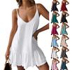 Women's Fashion Casual Solid Color V Neck Strappy Beach Dress (Adjustable Straps)