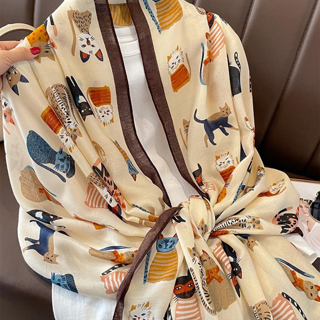 Женский платок с принтом Длинная шаль Животный Роскошный Дизайнерский платок Милые узоры с котами Хиджаб Мягкая вискоза Хиджаб Женский Цветочный Типпет