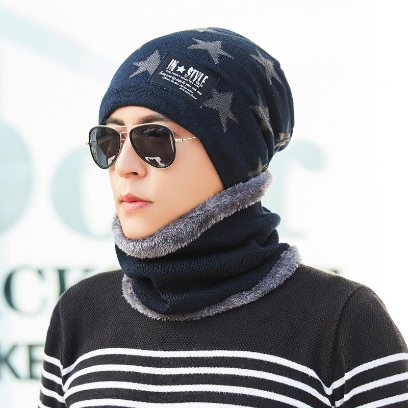 Men's Fleece Knitted Scarf Hat 2-piece Set Trendy Women's Warm Wool Hat Winter Student Cycling Cold