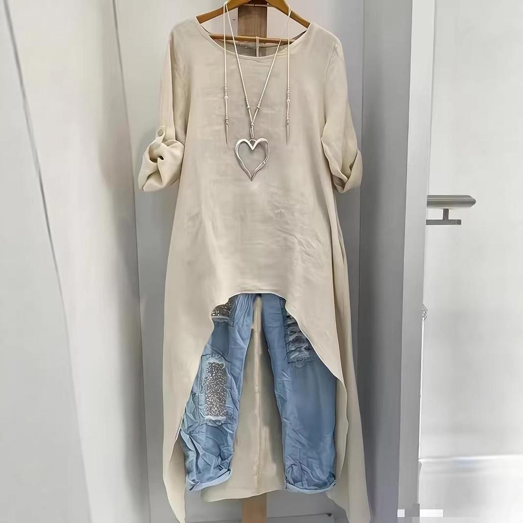 Женский льняной асимметричный длинный топ - Круглый вырез, Свободный крой, Неровный подол, Универсальная модная рубашка