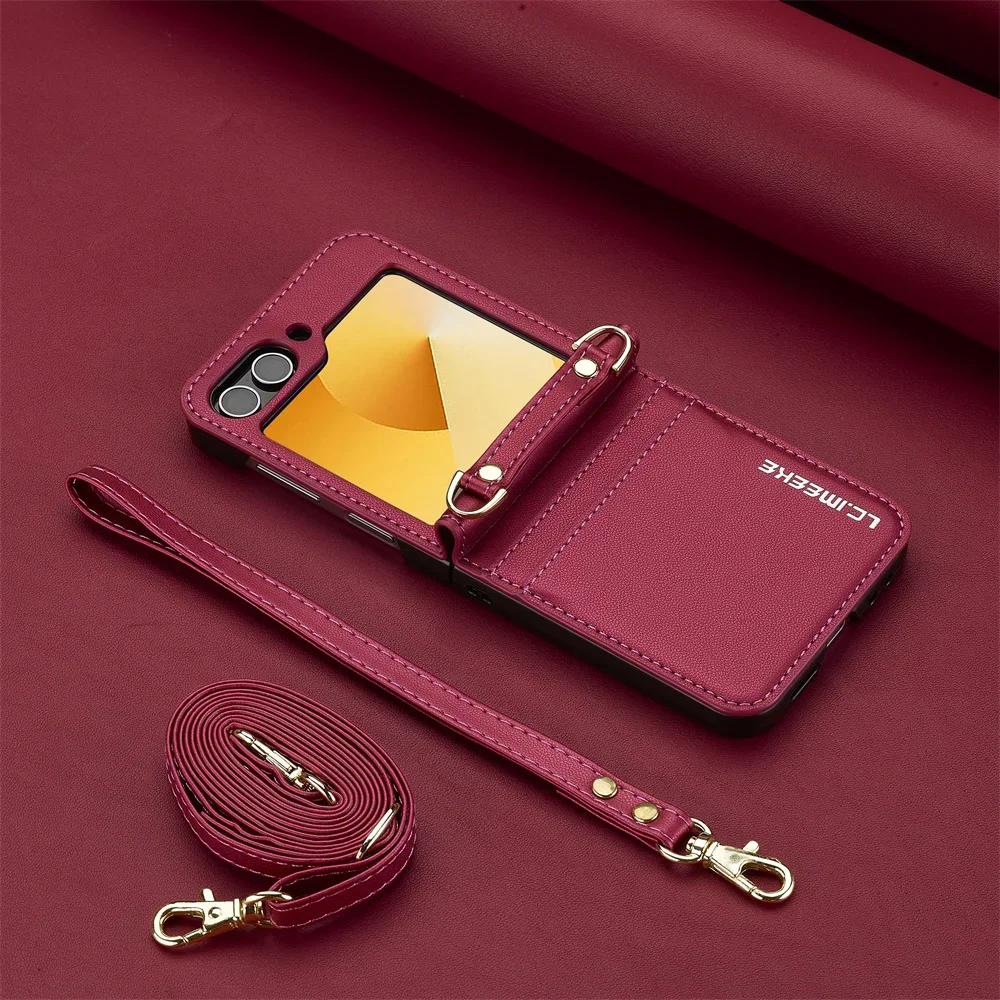 Чехол-кошелек через плечо для Samsung Galaxy Z Flip 6 5 4 3 Flip6 Flip5 Flip4 Flip3 5G Держатель для карт Ремешок на руку Шнурок Кожаный чехол