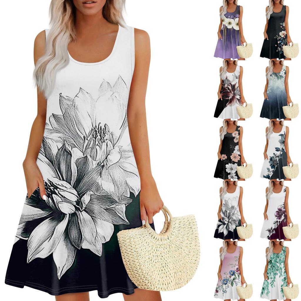 Women's Summer Casual Square Neck Floral Print Dress Sleeveless Dress With Pockets