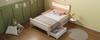 Children's bed 90×200 cm, cat ear headboard & RGB LED, slatted frame, drawer & storage compartment, guard rails, white & oak, without mattress