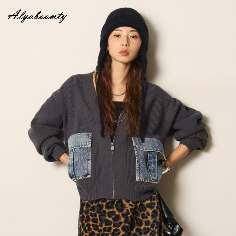 Корейская мода Осень Зима Женский кардиган V-образный вырез Черный Серый Абрикосовый Вязаный верхняя одежда Повседневный Свободный Дамский Джинсовый пэчворк Стильное пальто