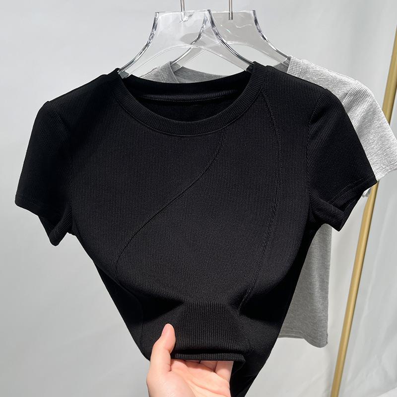 Short-sleeved T-shirt Women's New Women's Front Shoulder Round Neck Thread Base Shirt Design Fish Bone Waist Top