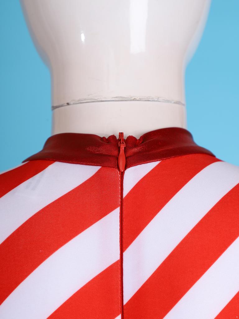 Girls Candy Cane Costume Striped Design Long Sleeve Bow Knot Bodysuit Dance Jumpsuit Christmas Party Outfit