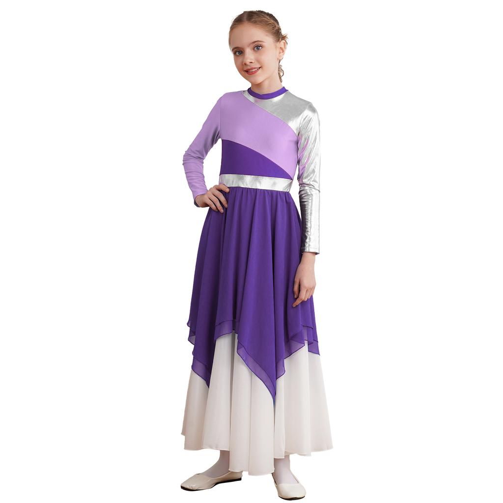 Платье для танца хвалы для девочек, с длинным рукавом, асимметричным шифоновым подолом, контрастным дизайном, костюм для лирического танца