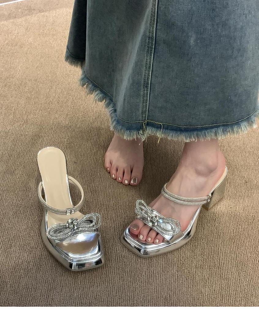 Temperament High Heel with Sandals Female Rhinestone Bow Fairy Wind Summer Two Wear Waterproof Desk Thick Heel Cool Slippers