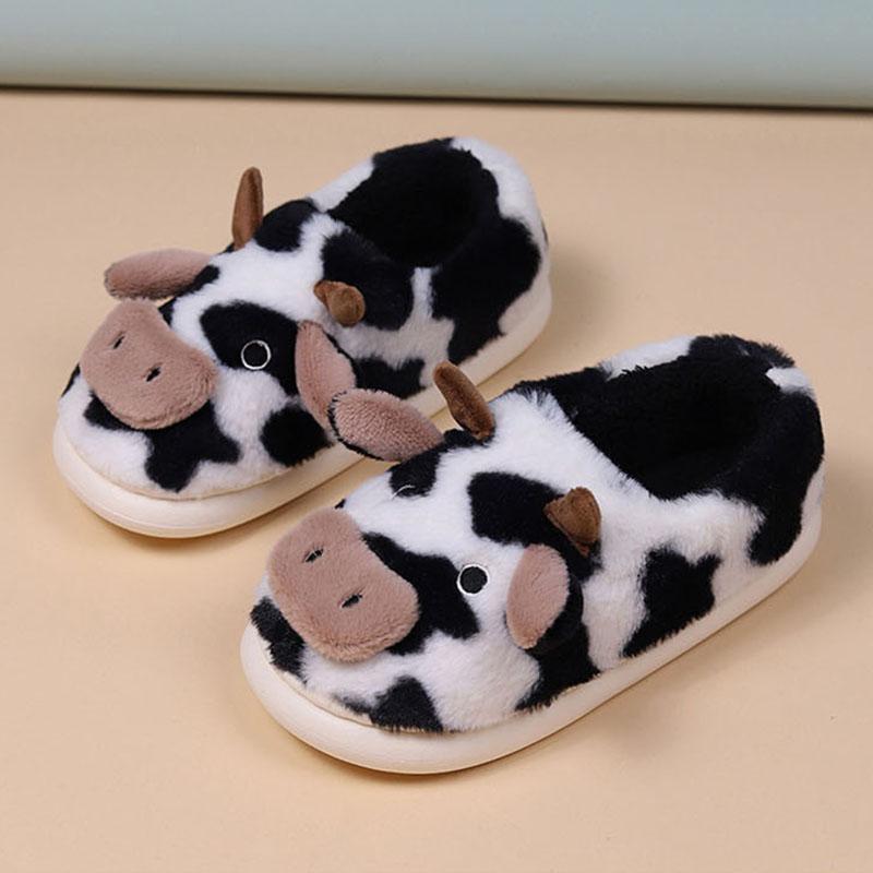 New Winter Cartoon Cow Warm Plush Slippers Women Indoor Non-Slip House Fur Slides Woman Wrap Toe Soft Flat Home Cotton Shoes