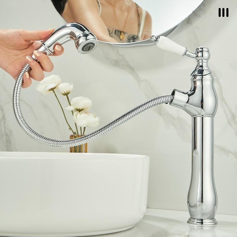 Retro brass pull-out faucet with single-hole cold and hot water spout