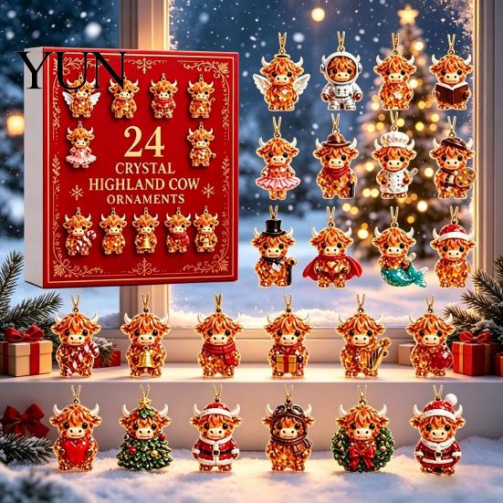 Collectible Highland Cow Figures Advent Calendar, 24 Pcs Acrylic Hanging Ornaments for Christmas Tree Accessories Decoration, Festive Countdown