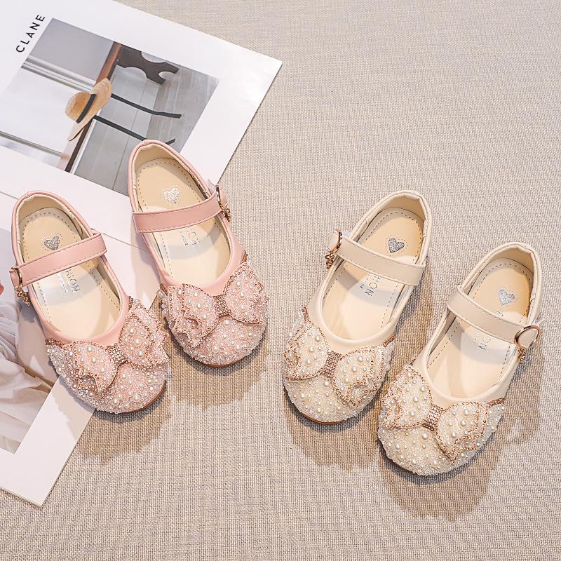 Girls' leather shoes with bow, shiny rhinestones and pearls, fairy princess shoes, stylish children's sequin flats for little girls
