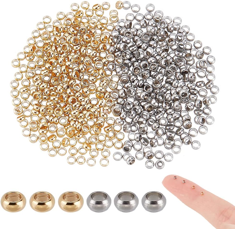 600Pcs 2 Colors 304 Stainless Steel Spacer Beads, Rondelle, Golden & Stainless Steel Color, 2x1mm, Hole: 1mm, 300pcs/color