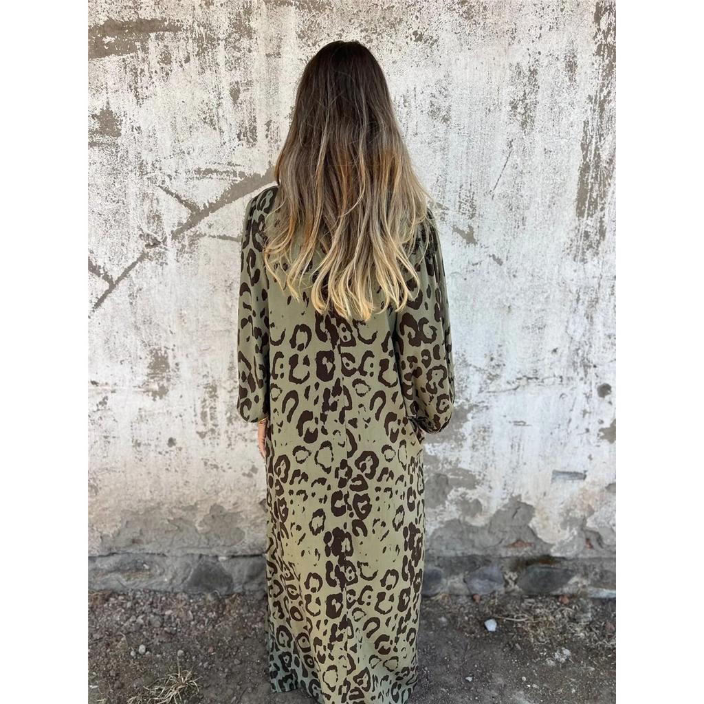Женское длинное платье свободного кроя с длинными рукавами и V-образным вырезом с леопардовым принтом