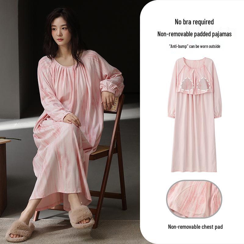 Cainiqing Осенняя женская хлопковая ночная сорочка с длинными рукавами и чашечками для бюстгальтера - Платье для беременных и удлиненной длины для дома, осени и весны.
