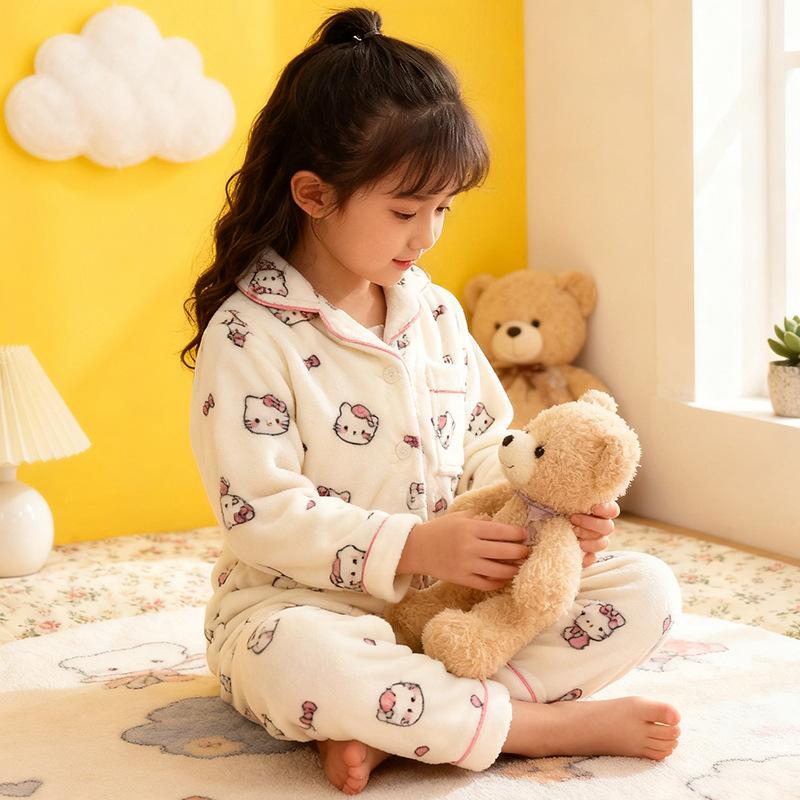 Kids Flannel Pajamas Set Boys Girls Warm Long Sleeve Top And Pants Sleepwear Winter Home Nightwear