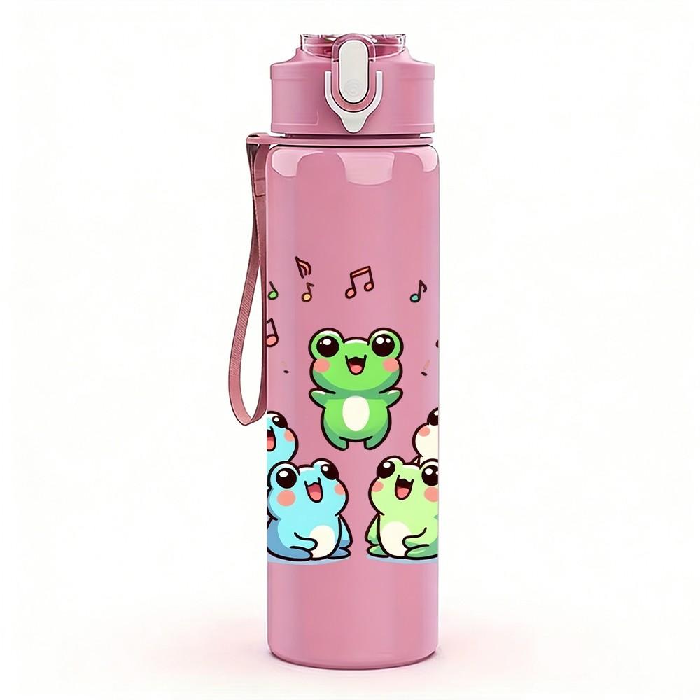 1PC Frog Group Music Party Cartoon Print 750ml Color Plastic Sports Water Bottle Leakproof Flip Straw Lid Suitable for Sports Office Home Use