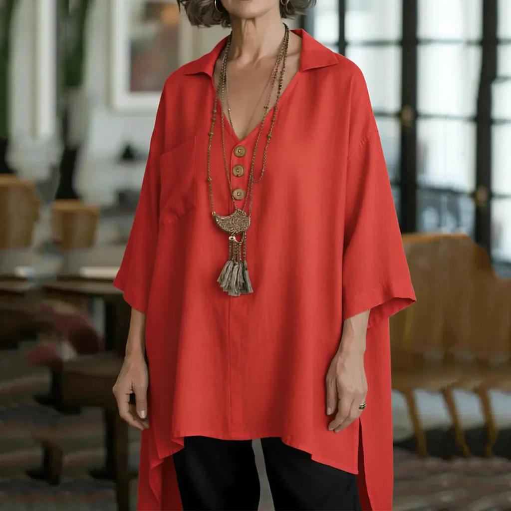 Женская модная повседневная свободная хлопково-льняная блузка однотонная с пуговицами спереди, укороченная сзади, удлиненная спереди