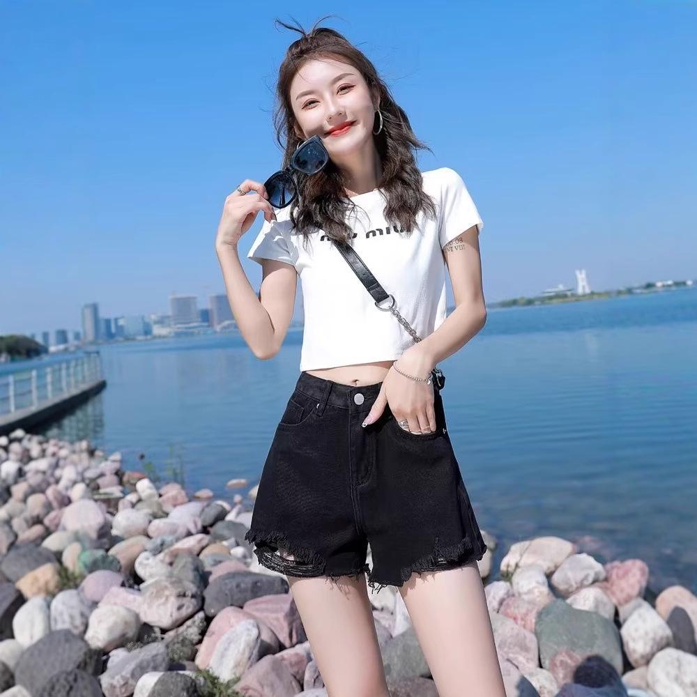 Черные джинсовые шорты с высокой талией - Лето 2025 Облегающие Свободные А-силуэта С необработанным краем Хот-пэнтс для женщин