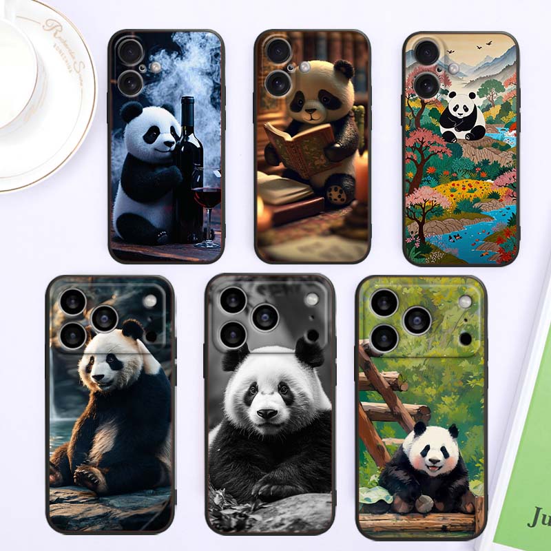 Мультяшный Аниме Панда Милый Для Apple iPhone 17 16 16E 15 14 13 12 11 Pro Max Plus Черный Мягкий Силиконовый Чехол для Телефона