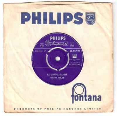 7-дюймовая пластинка МАРТИ УАЙЛД - Подросток в любви 45PB926,326364B Philips 1959 UK Рок Б/У