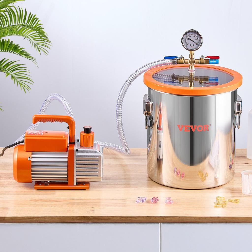 VEVOR 19 L(5 Gallon) Vacuum Chamber and 100 L/min(3.5 CFM) Pump Kit, Stainless Steel Chamber, Single Stage Vacuum Pump Degassing Chamber Kit