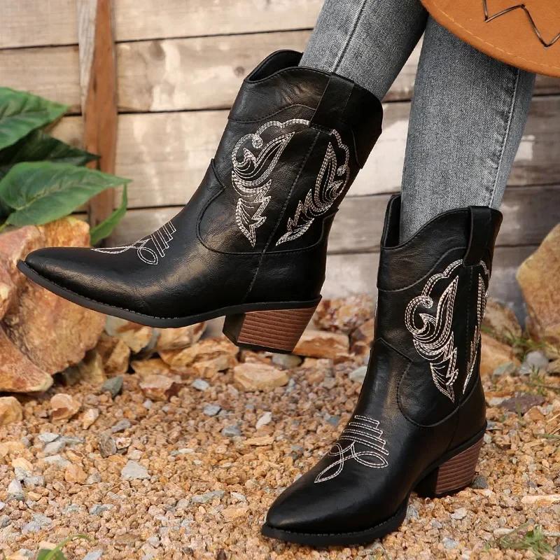 Women's Black Cowboy Boots 2024 Fashion Zipper Embroidered Pointed Toe Thick Heel Mid-calf Western Boots Shiny Shoes