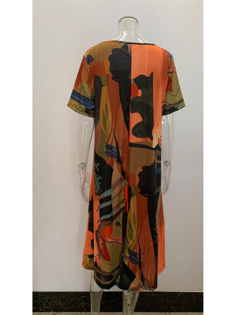 Летнее повседневное платье с принтом в европейском и американском стиле 2023 г.: Пляжная юбка свободного кроя с короткими рукавами, завязывающаяся на талии, с круглым вырезом