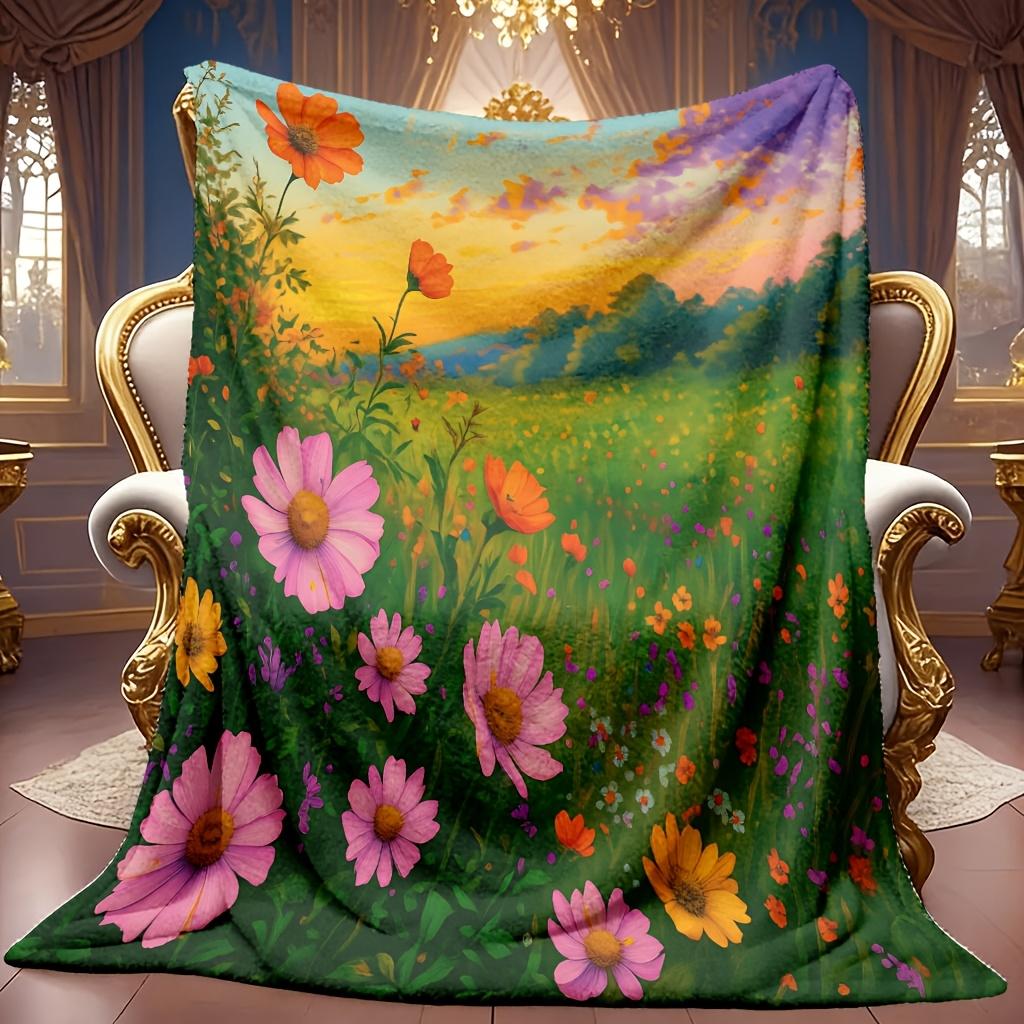 Cozy Floral Design Flannel Throw, Featuring a Soft High-Definition Digital Print Suitable for All Seasons. an Ideal Cooling Blanket for Family And Fri
