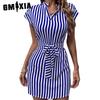 Women's Fashion Summer Spring Stripe Print Frenum Sleeveless V-Neck Slim Casual Dresses