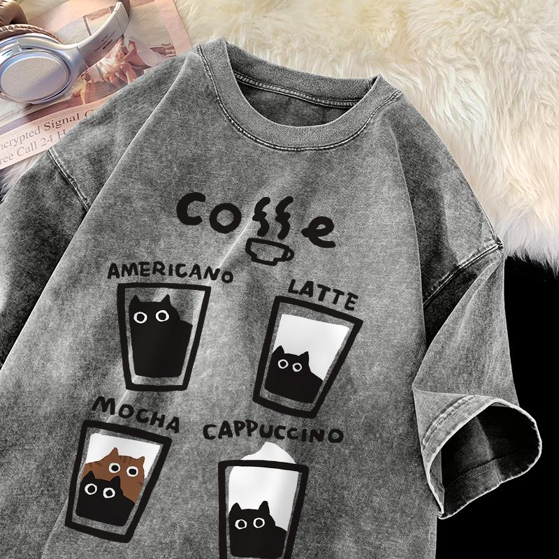 American Retro Trendy Cat Cotton Tshirt Unisex Unisex Summer Loose Couple Short Sleeve Tops Harajuku Y2k Vintage Water Washing Tee