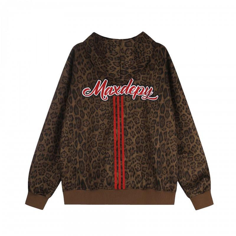 American Retro Leopard Print Gothic Embroidered Zip Up Hoodie Loose Fit Men Women